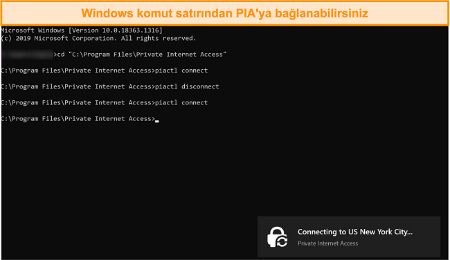Windows komut satırı aracılığıyla PIA'ya bağlanmanın ekran görüntüsü.