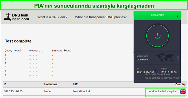 Başarılı bir PIA sızıntı testinin ekran görüntüsü.