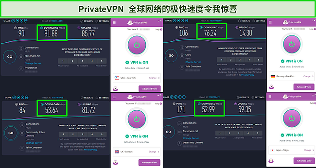 PrivateVPN 速度测试的屏幕截图，显示美国、英国、德国和日本的服务器。