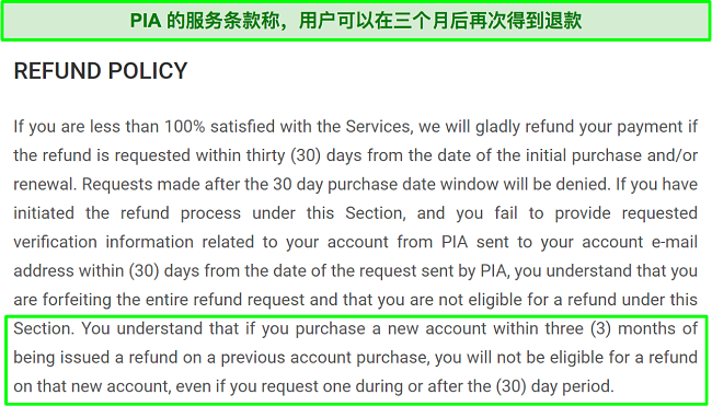 PIA退款政策截图