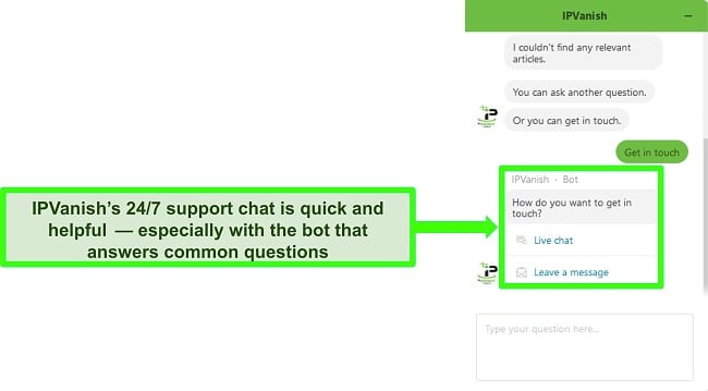 Screenshot of IPVanish's live chatbot