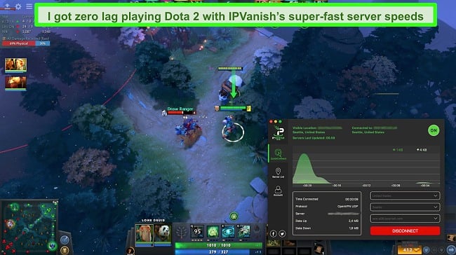 Dota 2 के एक गेम का स्क्रीनशॉट जबकि IPvanish जुड़ा हुआ है