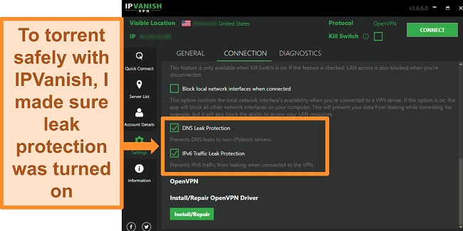 Screenshot of how to turn on DNS and IPv6 leak protection before torrenting