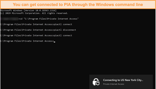 Screenshot of connecting to PIA through Windows command line.