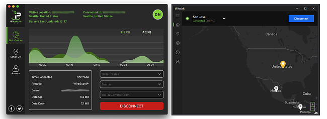 Screenshot of IPVanish's macOS app user interface with a speed and data usage graph