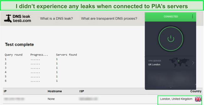 Screenshot of a successful PIA leak test.