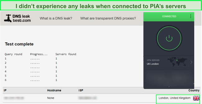 Screenshot of DNS leak tests revealing only the IP address of PIA's UK server