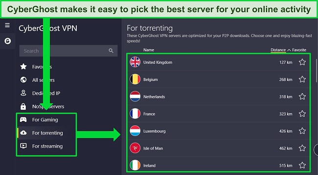 Screenshot of CyberGhost's Windows app, highlighting its selection of optimized servers.