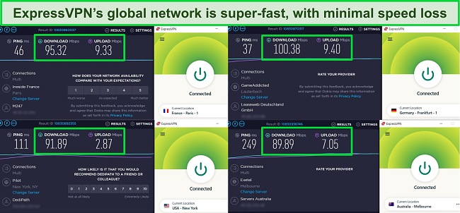 Screenshot of ExpressVPN speed test results using Ookla, with server connections in France, Germany, the US, and Australia.