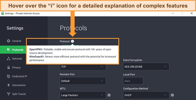 Screenshot of PIA's Windows app on the Protocols menu, showing a detailed explanation of a feature when hovering over the