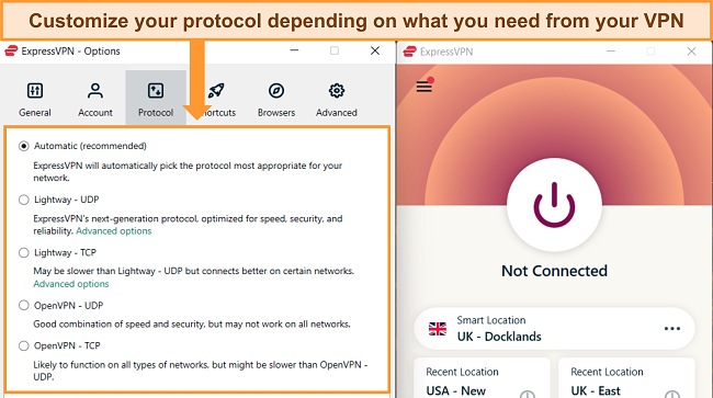 Screenshot of ExpressVPN's Windows app, showing the Options menu and highlighting the connection protocols.