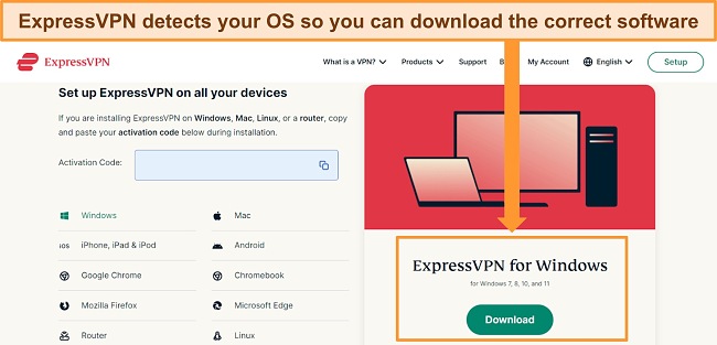 Screenshot of ExpressVPN's software download page on its website.