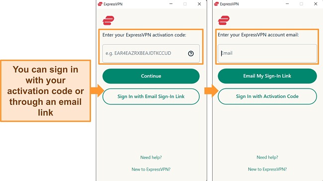 Screenshots of ExpressVPN's Windows app showing the methods in which a user can sign in to the app.