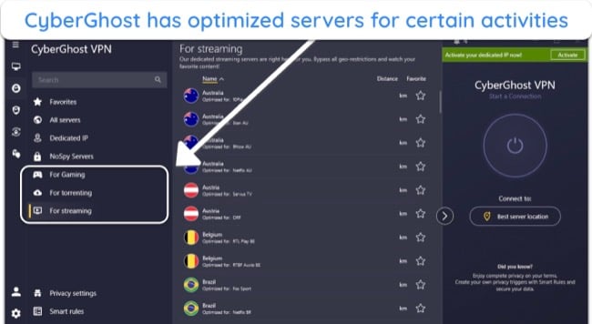 Screenshot of CyberGhost's optimized servers