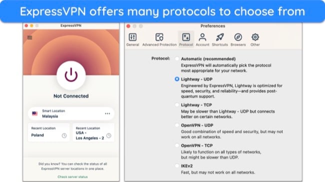 Screenshot of ExpressVPN's list of protocols