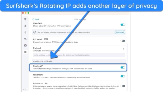 Screenshot of Surfshark's Rotating IP settings on its app