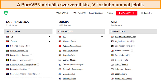 Képernyőkép a PureVPN teljes szerverlistájáról, amelyen a virtuális szervert jelző „v” szimbólum látható.