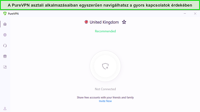 Képernyőkép a PureVPN Windows-alkalmazásáról, amely a tiszta és egyszerű felületet mutatja.