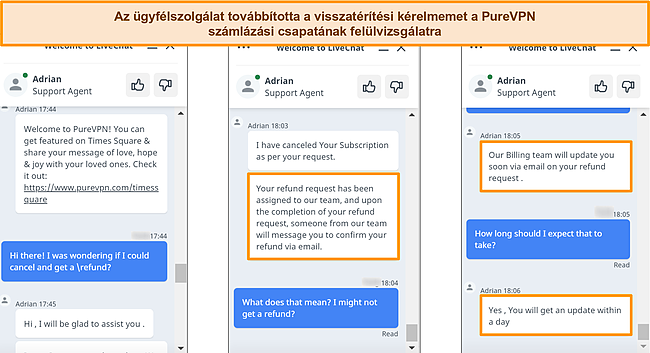 Képernyőkép arról, hogy a PureVPN ügyfélszolgálata válaszol egy visszatérítési kérelemre, és továbbítja a kérést a számlázási csapatnak.