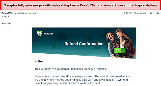 Képernyőkép a PureVPN számlázási csapatától kapott visszatérítési kérelmet megerősítő e-mail válaszáról.
