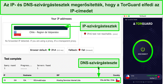 Képernyőkép egy sikeres IP/DNS szivárgástesztről TorGuarddal