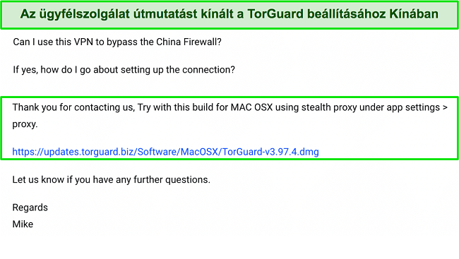 Képernyőkép a TorGuard támogatásával folytatott csevegésemről a kínai használatról