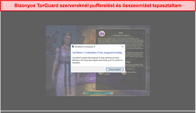 Képernyőkép a számítógépes játék összeomlásáról a TorGuard használata közben