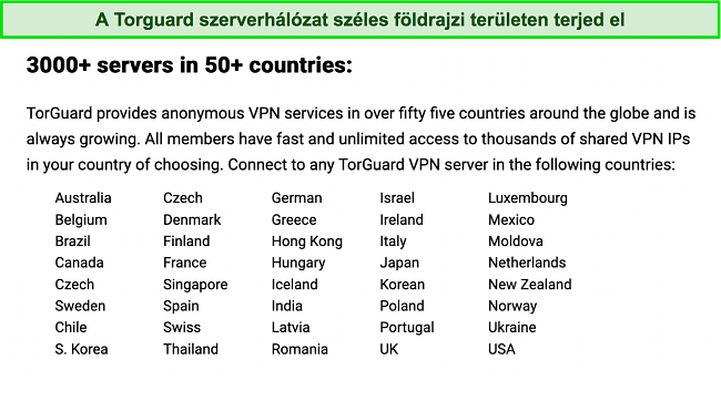 Képernyőkép a TorGuard szerverhelyeiről