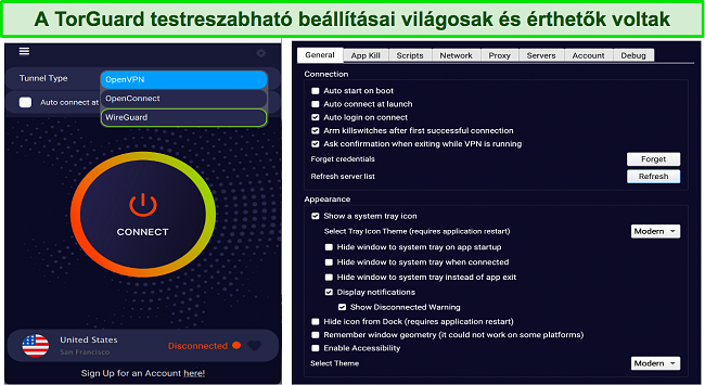 Képernyőkép a TorGuard beállítási menüjéről