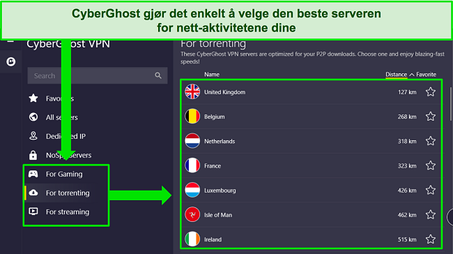 Skjermbilde av CyberGhosts Windows-app, som fremhever utvalget av optimaliserte servere.