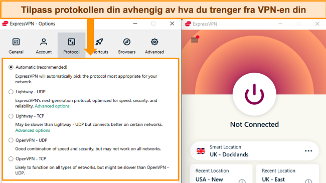 Skjermbilde av ExpressVPNs Windows-app, som viser Alternativer-menyen og fremhever tilkoblingsprotokollene.