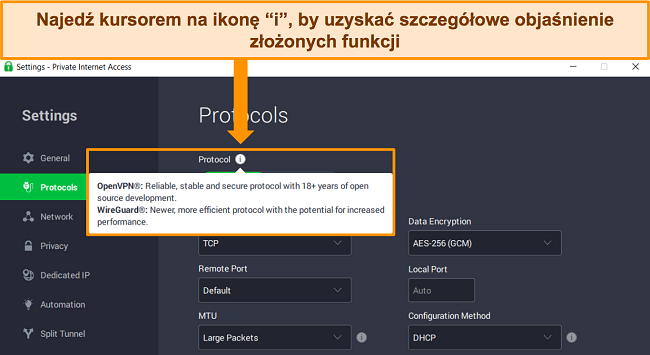 Zrzut ekranu aplikacji PIA Windows w menu Protokoły, pokazujący szczegółowe wyjaśnienie funkcji po najechaniu kursorem na ikonę informacji „i”.