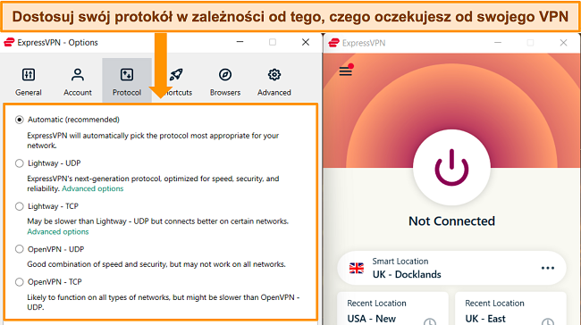 Zrzut ekranu aplikacji Windows ExpressVPN, pokazujący menu Opcje i podświetlające protokoły połączeń.