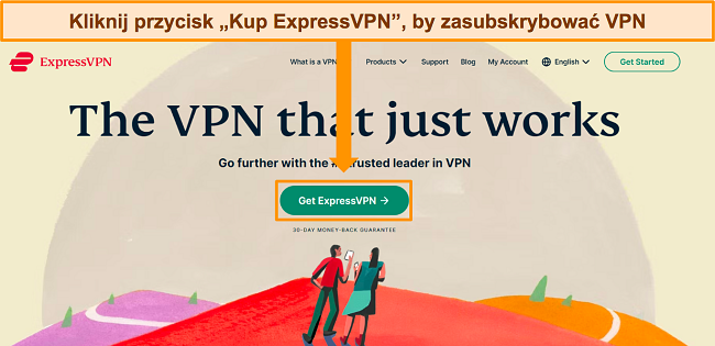 Zrzut ekranu strony głównej ExpressVPN z zaznaczonym przyciskiem „Pobierz ExpressVPN”.