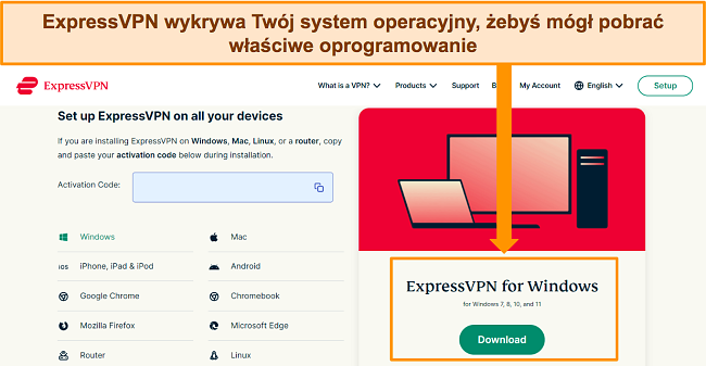 Zrzut ekranu strony pobierania oprogramowania ExpressVPN na jej stronie internetowej.
