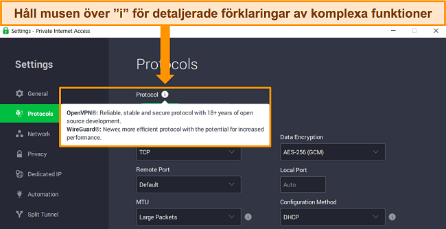 Skärmdump av PIA:s Windows-app på Protocols-menyn, som visar en detaljerad förklaring av en funktion när du håller muspekaren över 