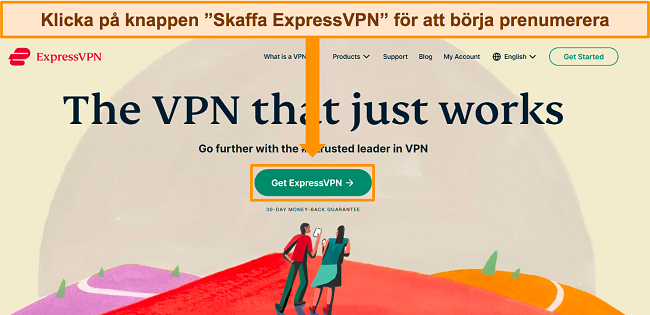 Skärmdump av ExpressVPNs hemsida, som markerar knappen 