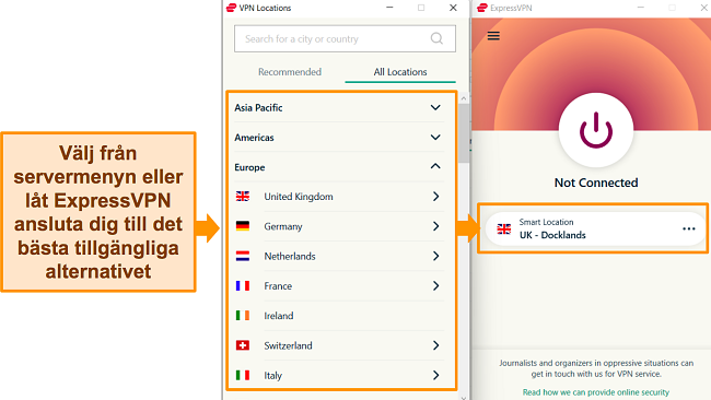 Skärmdump som visar ExpressVPNs Windows-app och den tillgängliga servermenyn.