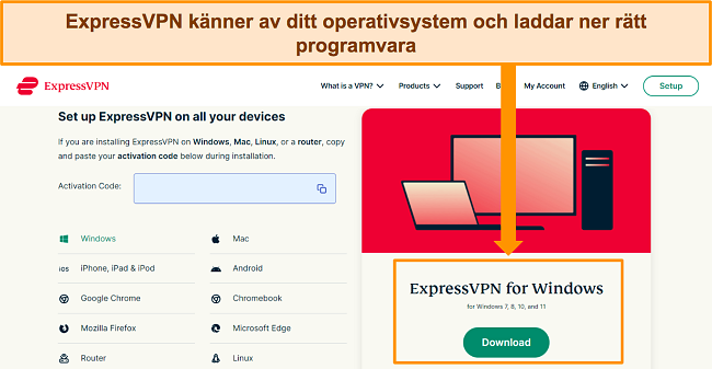 Skärmdump av ExpressVPNs nedladdningssida för mjukvara på dess webbplats.