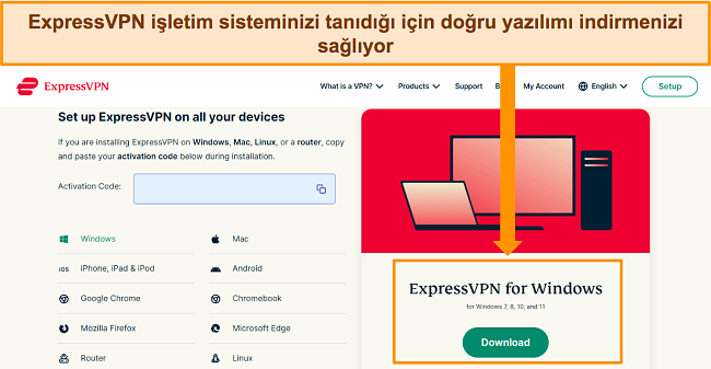 ExpressVPN'in web sitesindeki yazılım indirme sayfasının ekran görüntüsü.