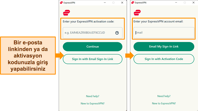 Bir kullanıcının uygulamada oturum açabileceği yöntemleri gösteren ExpressVPN'in Windows uygulamasının ekran görüntüleri.