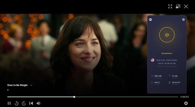 Screenshot of How to Be Single playing on Hulu while CyberGhost is connected to a Hulu-optimized server in New York, USA