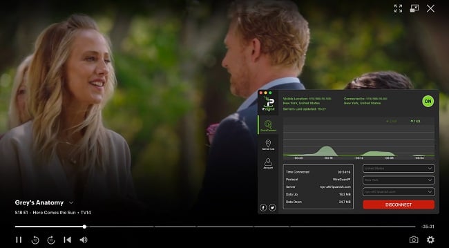 Screenshot of Grey's Anatomy playing on Hulu while IPVanish is connected to a server in New York, USA