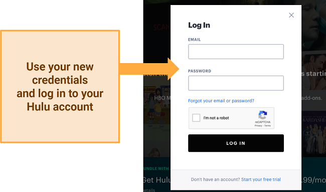 Screenshot of Hulu log in screen