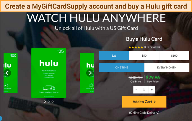 Screenshot of MyGiftCardSupply Hulu gift card purchase screen