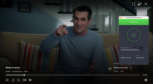 Zrzut ekranu przedstawiający grę Modern Family na Hulu, gdy PIA jest podłączona do serwera strumieniowego we wschodnich stanach USA