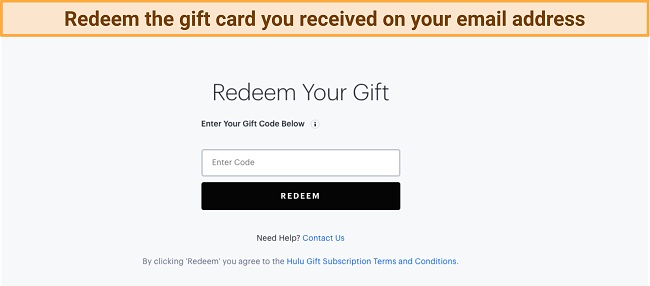Screenshot of Hulu gift card code redeem screen