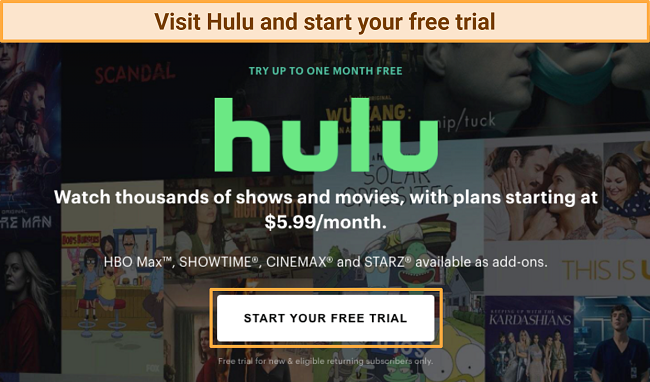 Screenshot of Hulu official website free trial offer
