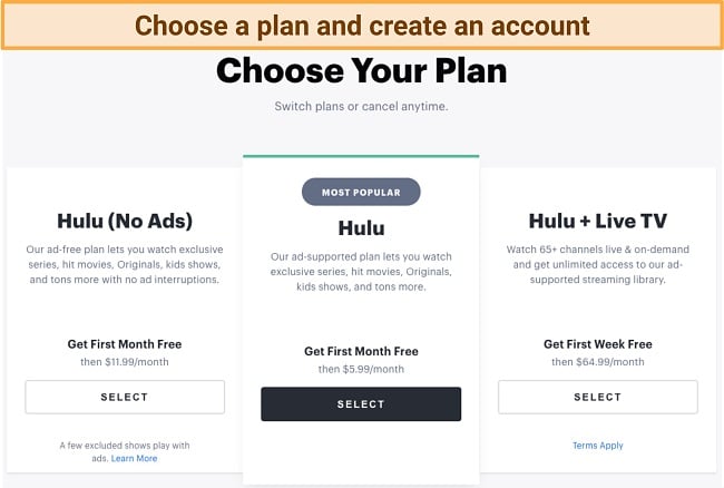 Screenshot of Hulu plan options
