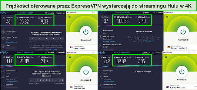 Zrzut ekranu testów prędkości ExpressVPN na serwerach we Francji, Stanach Zjednoczonych, Niemczech i Australii.